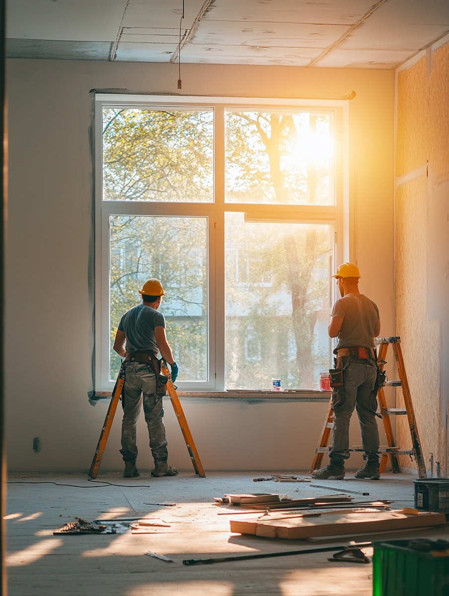 Handwerker bei der Badrenovierung in modernem Badezimmer mit Sonnenlicht-Fenster – Leckebusch Renovierung & Reparatur Essen.