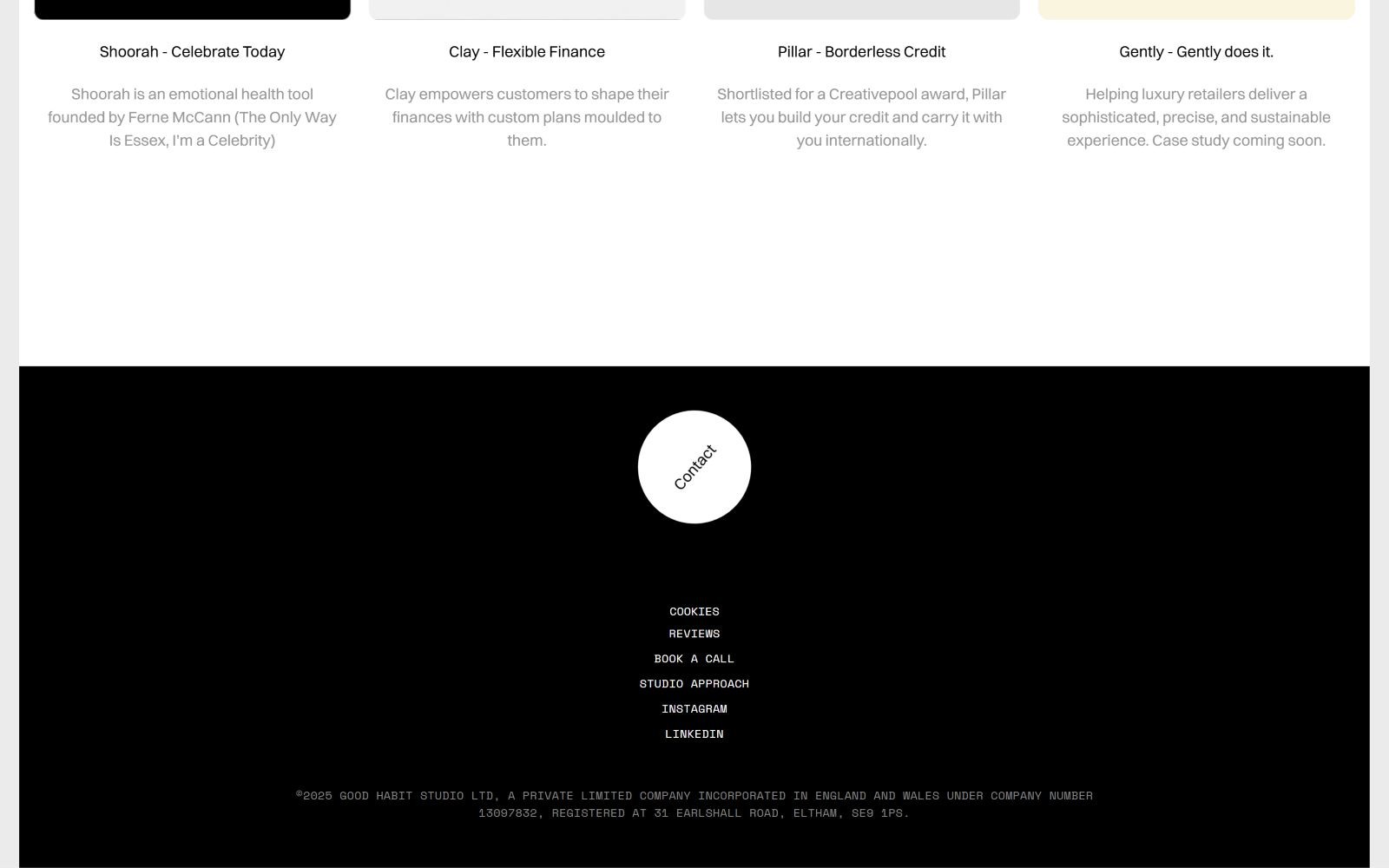 Grayscale footer with centered text "Contact" inside white circle. Links below: Cookies, Careers, Book a Call, Instagram, LinkedIn.