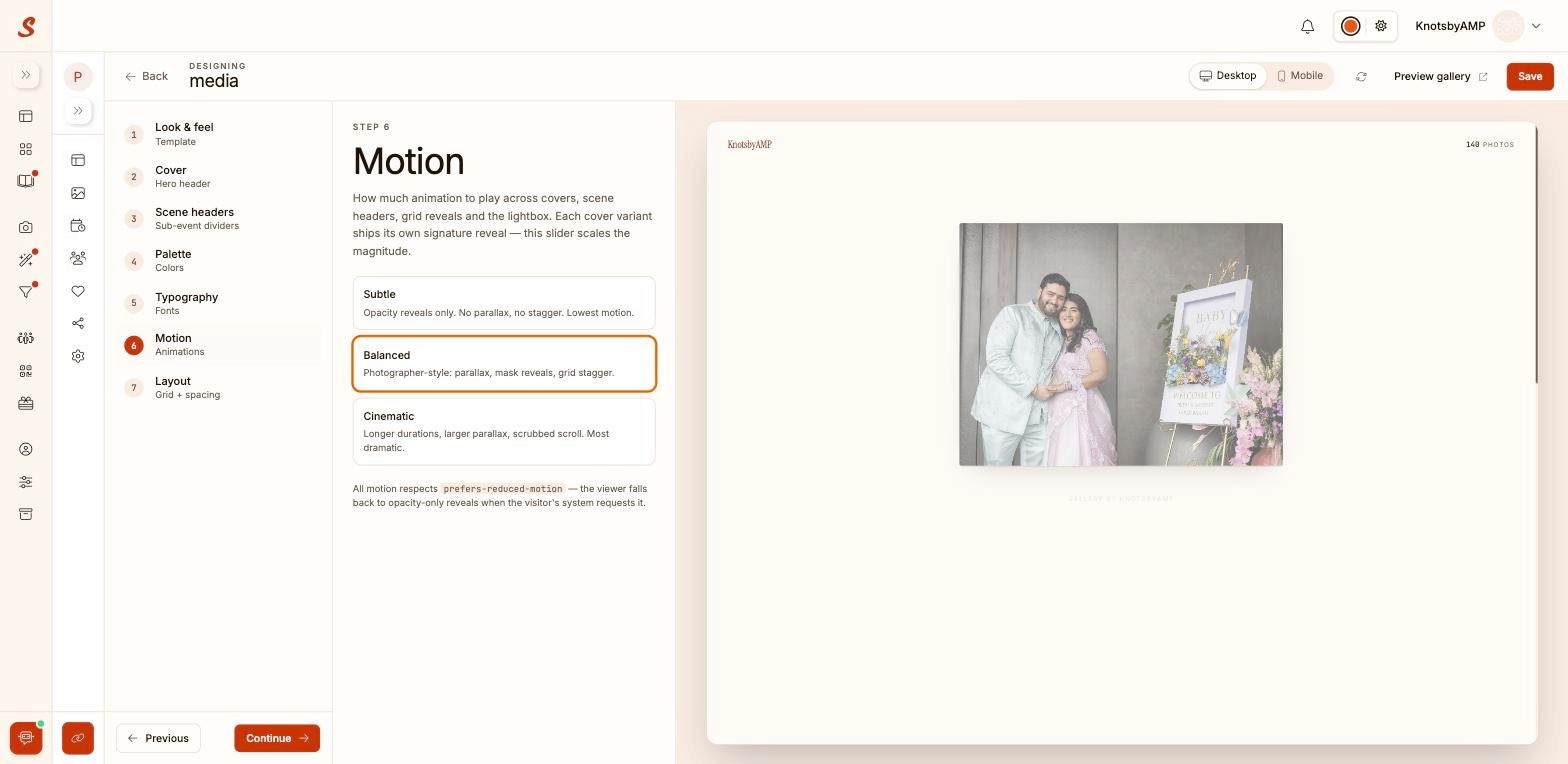 Samaro Gallery Design Motion step showing animation intensity options: Subtle, Balanced, and Cinematic