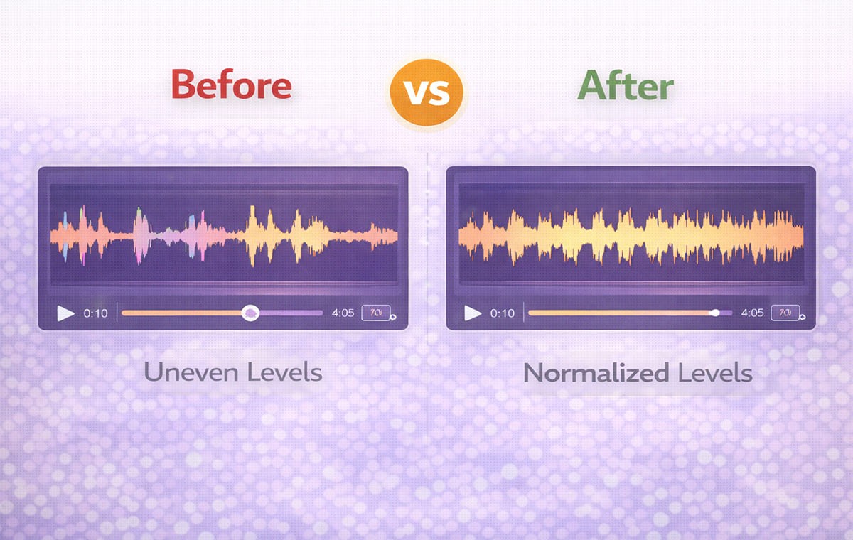 Before vs After waveform comparison showing uneven vs normalized levels