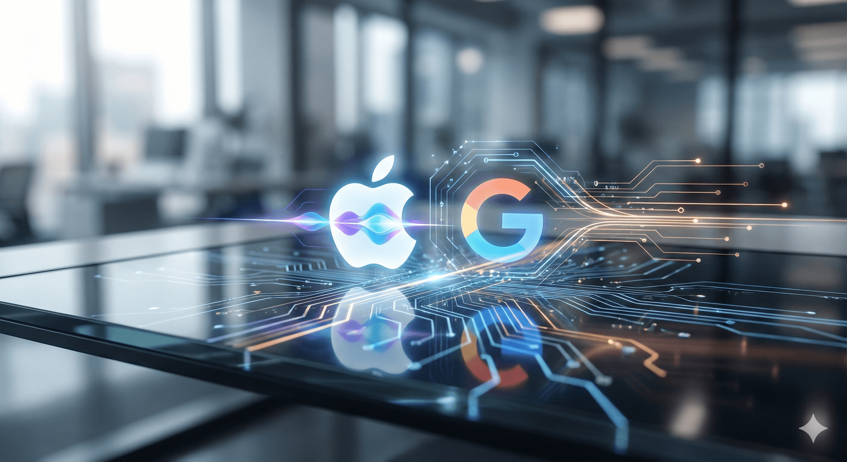 The image depicts the logos of Apple and Google, interconnected with digital circuit lines on a sleek, modern glass tabletop in an office setting, symbolizing technological collaboration.