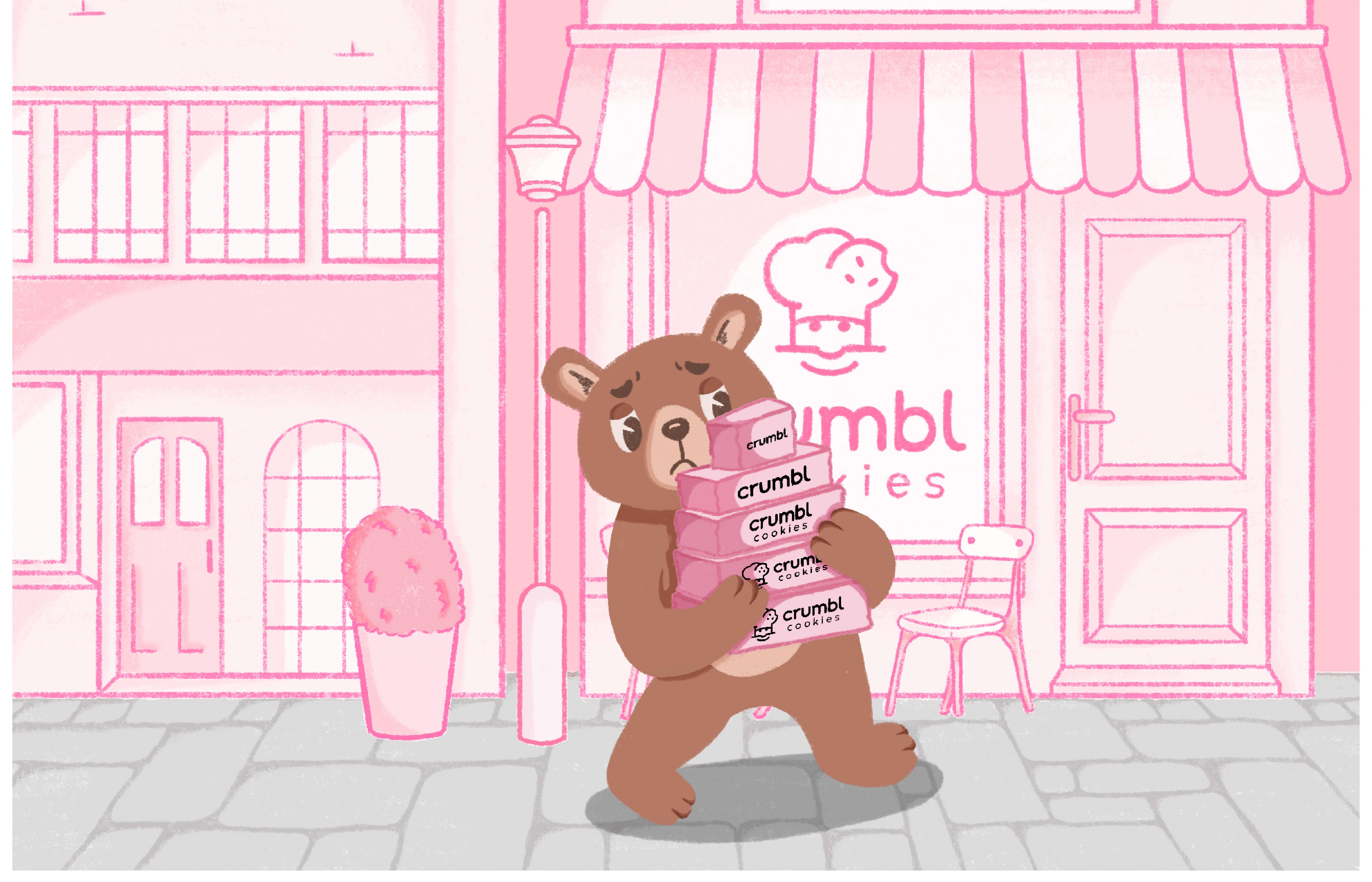 Static image of the illustrated background and mascot for the Crumbl character animation project.