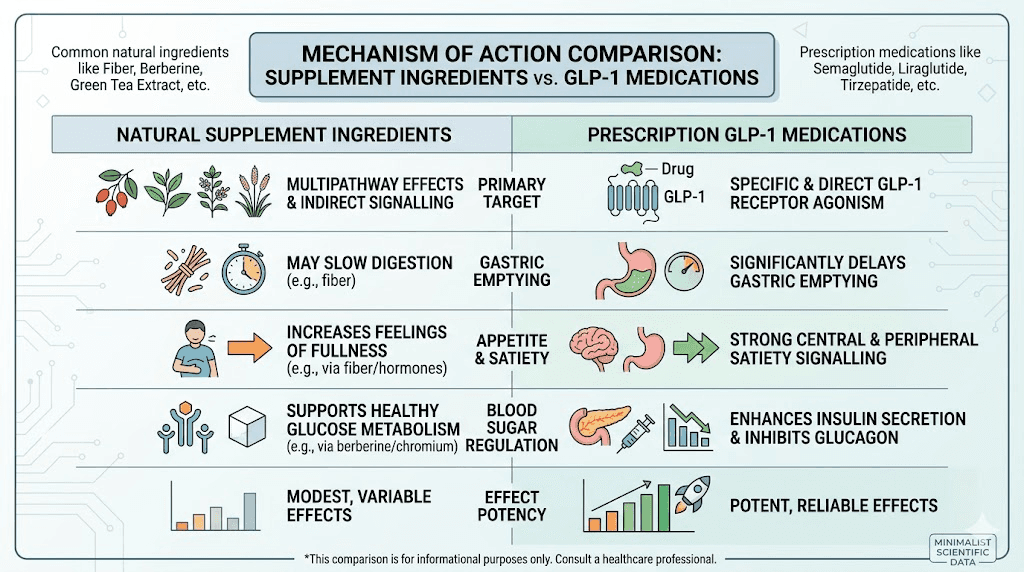 Peaka GLP-1 supplement ingredients compared to prescription GLP-1 medications