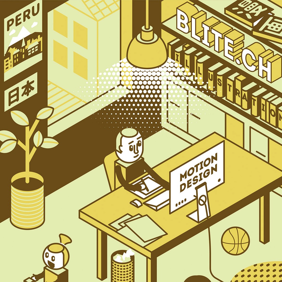 Isometric self portrait. Sitting at a table working on the computer with a bookshelf in the picture as well and the daughter playing beside the table.