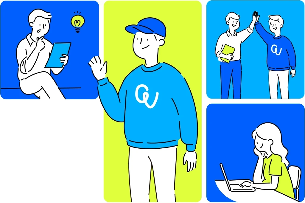 다양한 상황에서 노트북과 태블릿을 사용하는 사람들과 협업하는 모습을 표현한 일러스트