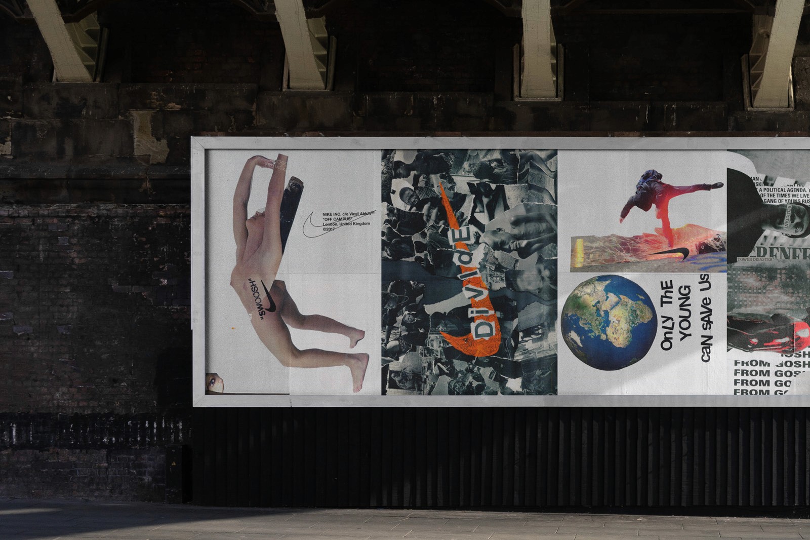 A large outdoor billboard displays various collage-style artworks, incorporating abstract and surreal elements such as human figures, text, and images of the Earth, set against a dark brick wall under an industrial bridge.