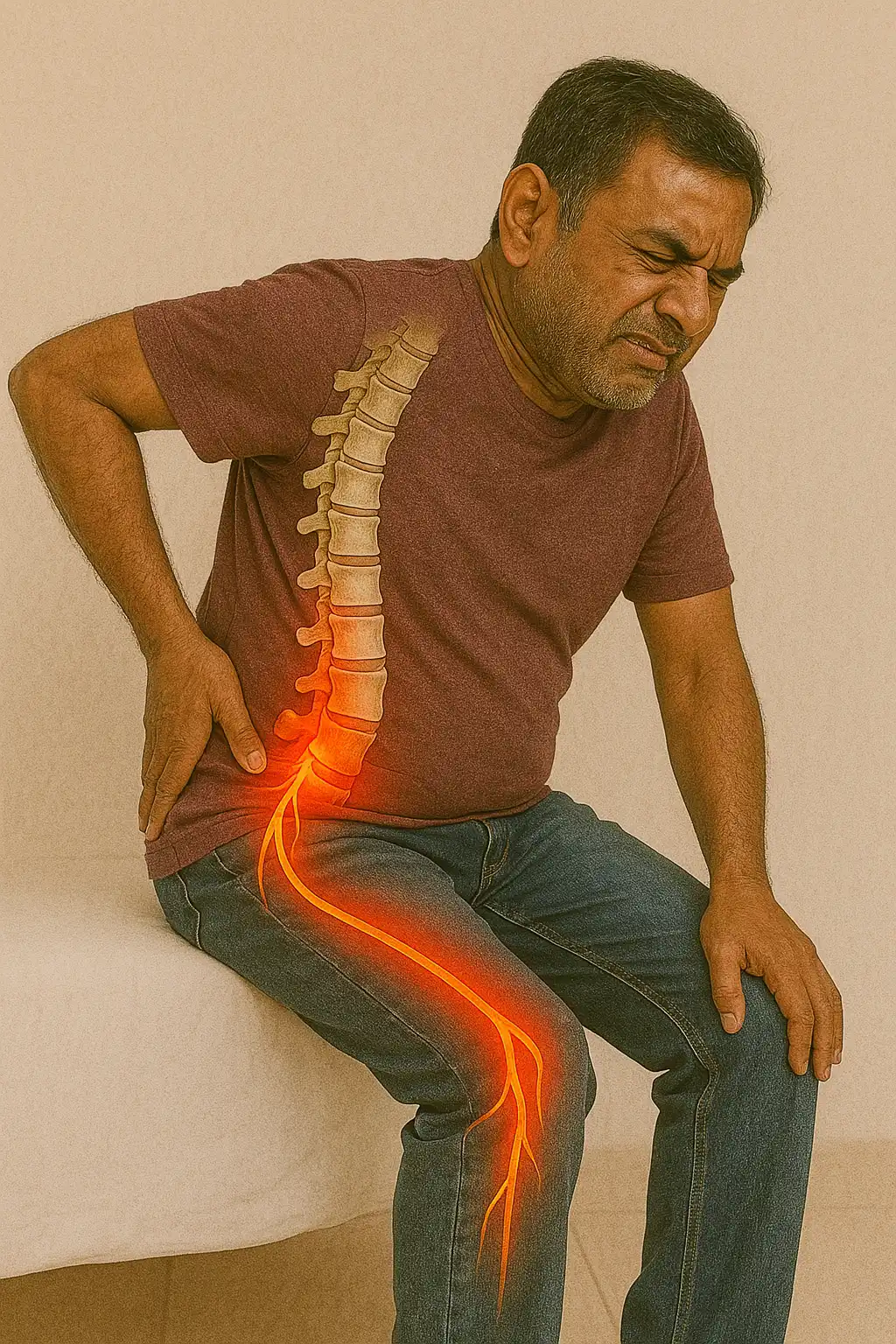 Man with highlighted lower-back and leg nerve pathway showing lower-back and radiating leg pain consistent with sciatica.