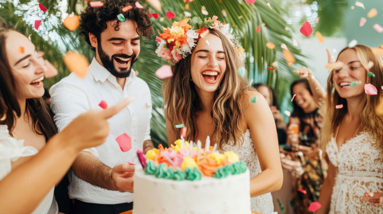 Group of people celebrating a wedding circling around a cake while streamers fall