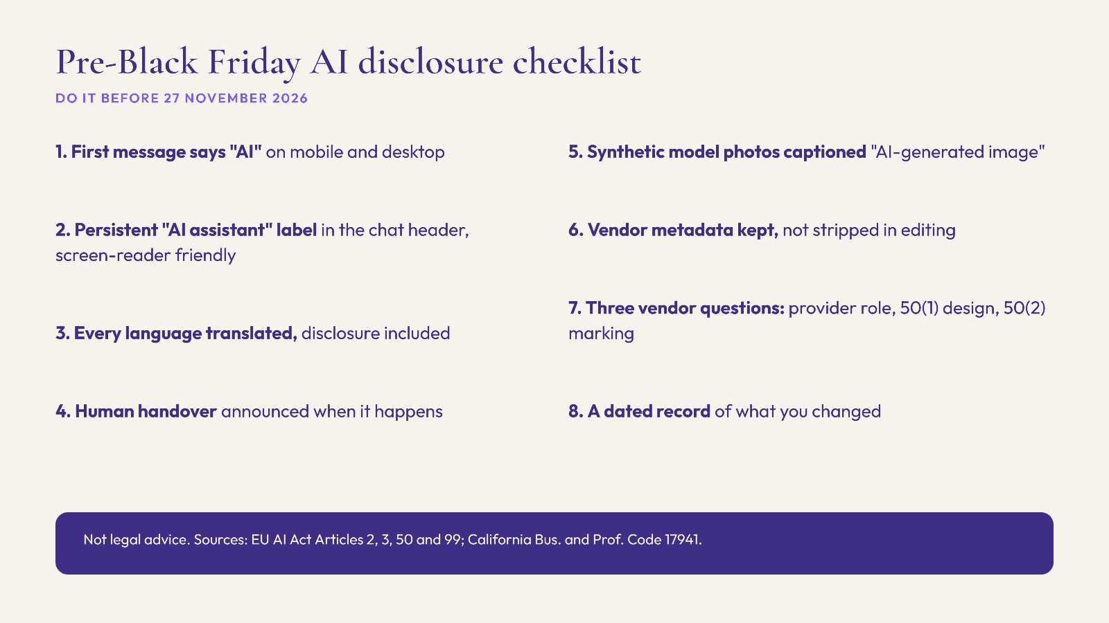 Eight-point AI disclosure checklist to complete before Black Friday 2026
