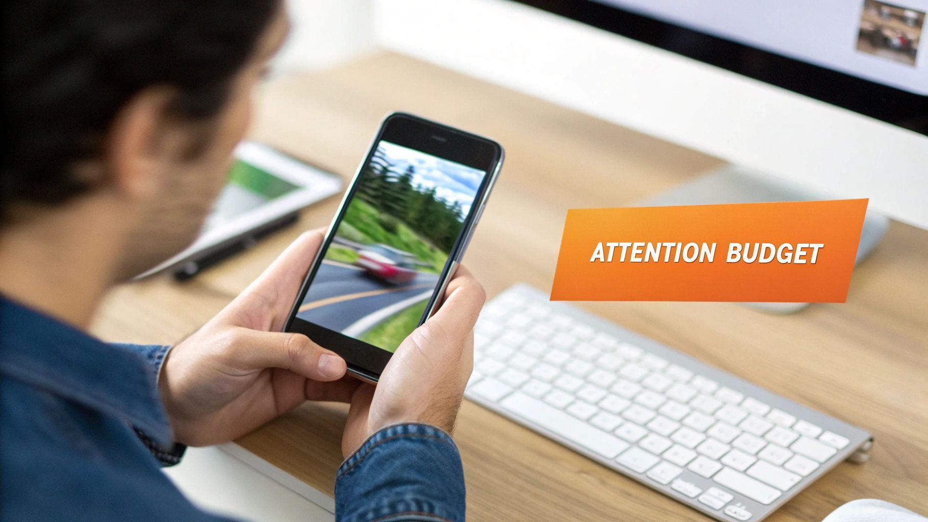 Person watching a car video on a smartphone, with 'ATTENTION BUDGET' banner and desktop computer in the background.