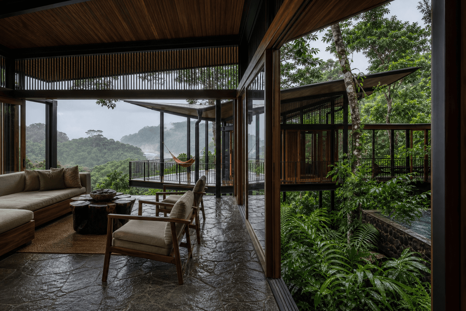 Interior and spatial view of Canopy House, a elevated tropical pavilions within rainforest canopy in Osa Peninsula, Costa Rica