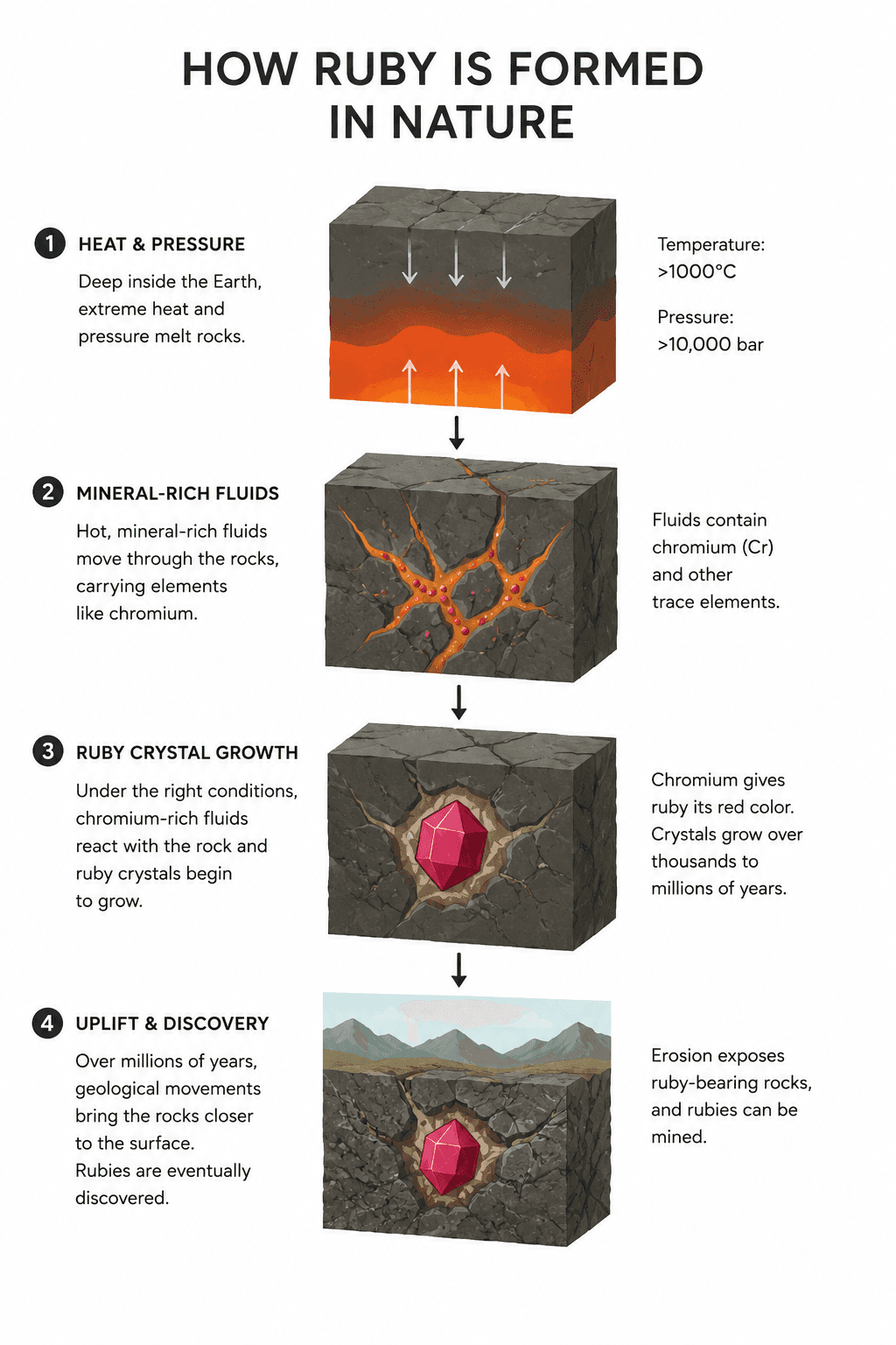 Diagram of how ruby is formed in natural conditions.