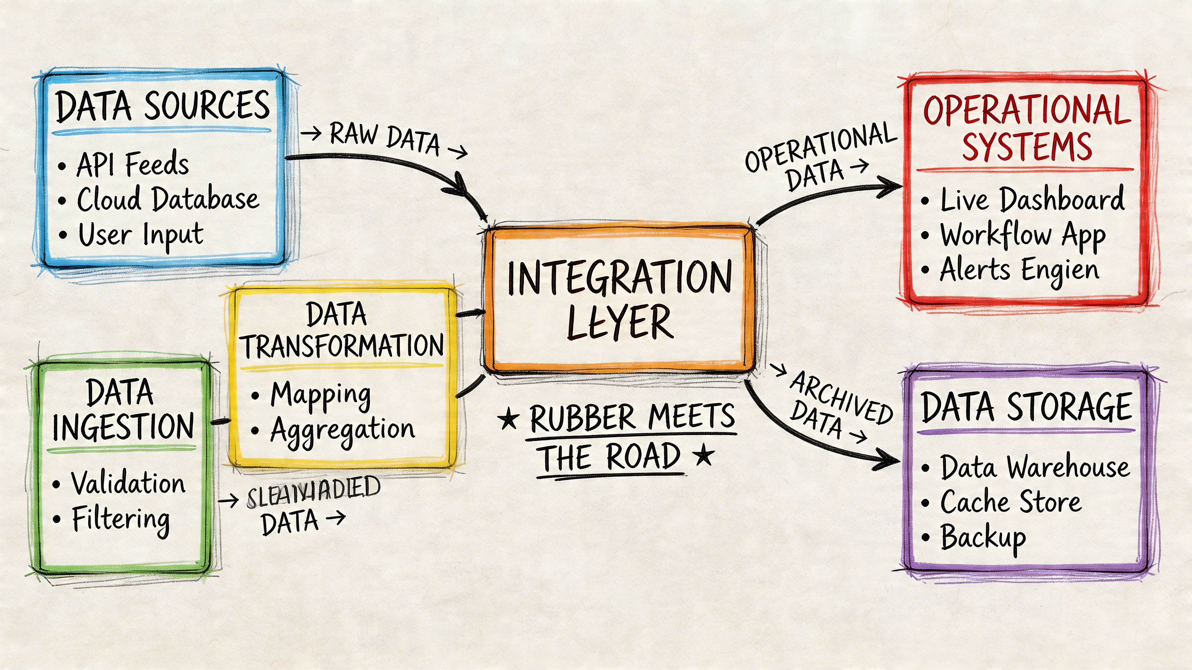 A diagram illustrating a data architecture flow from data sources through integration and storage systems.