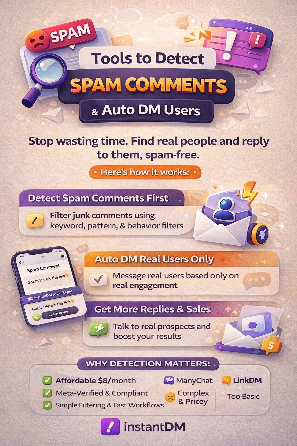 Tools to detect spam comments automaticaly and autodm users