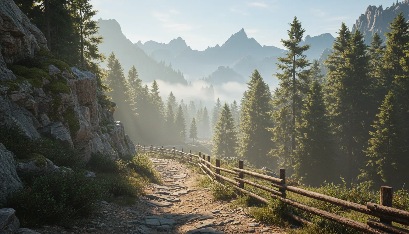 A photorealistic Unreal Engine 5 render of a sunlit mountain trail. A narrow dirt and stone path with a simple wooden log fence winds past a craggy rock face and through a dense forest of tall evergreen trees. Layers of distant mountains are shrouded in atmospheric morning fog. The scene is lit with soft, cinematic daylight and volumetric mist, creating a peaceful and highly detailed natural landscape, Lumen global illumination, cinematic wide angle.