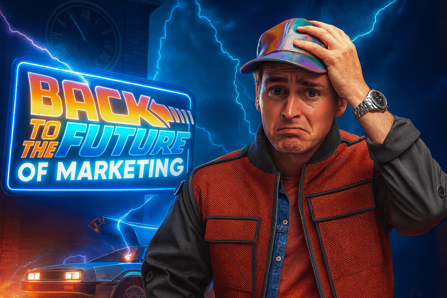 Duncan Rooney dressed as 2015 Marty McFly, wearing a futuristic rainbow cap and red vest, standing in front of a glowing ‘Back to the Future of Marketing’ sign and a DeLorean with lightning effects.