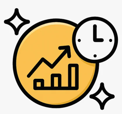 Icône rentabilité automatisation - Pièce dorée, flèche croissance et horloge bénéfice rapide