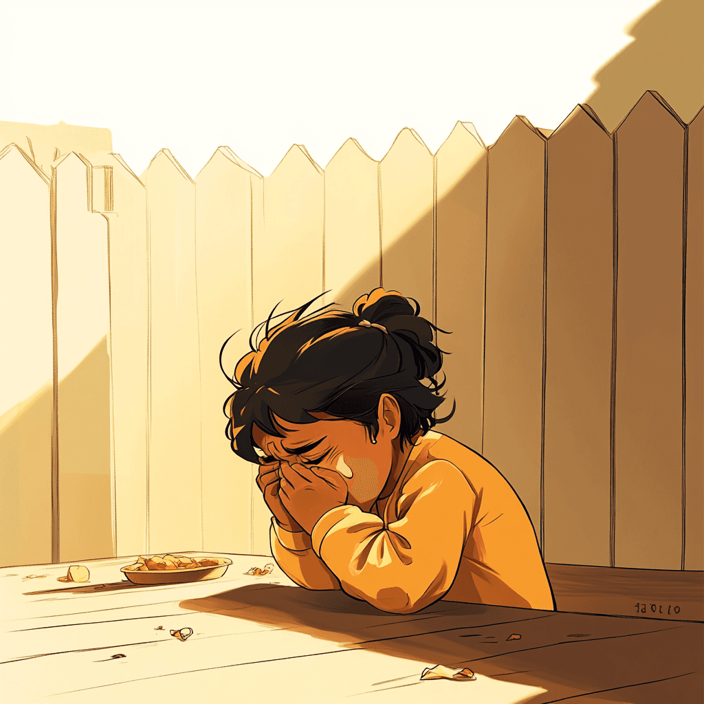 A hungry neglected child cries outside while sitting at a table