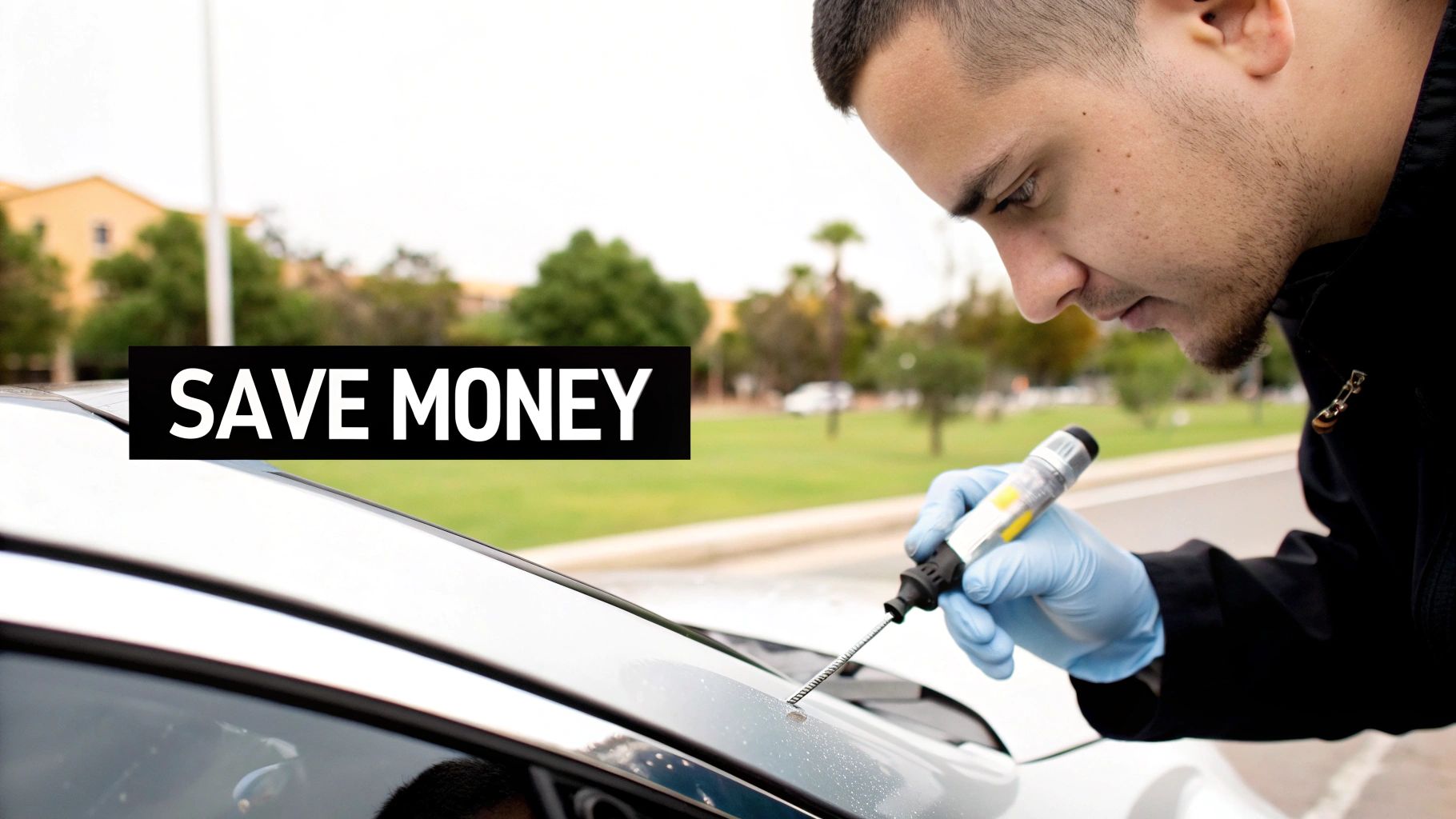 A gloved person meticulously repairs a car's windshield with a specialized tool, with 'SAVE MONEY' text.