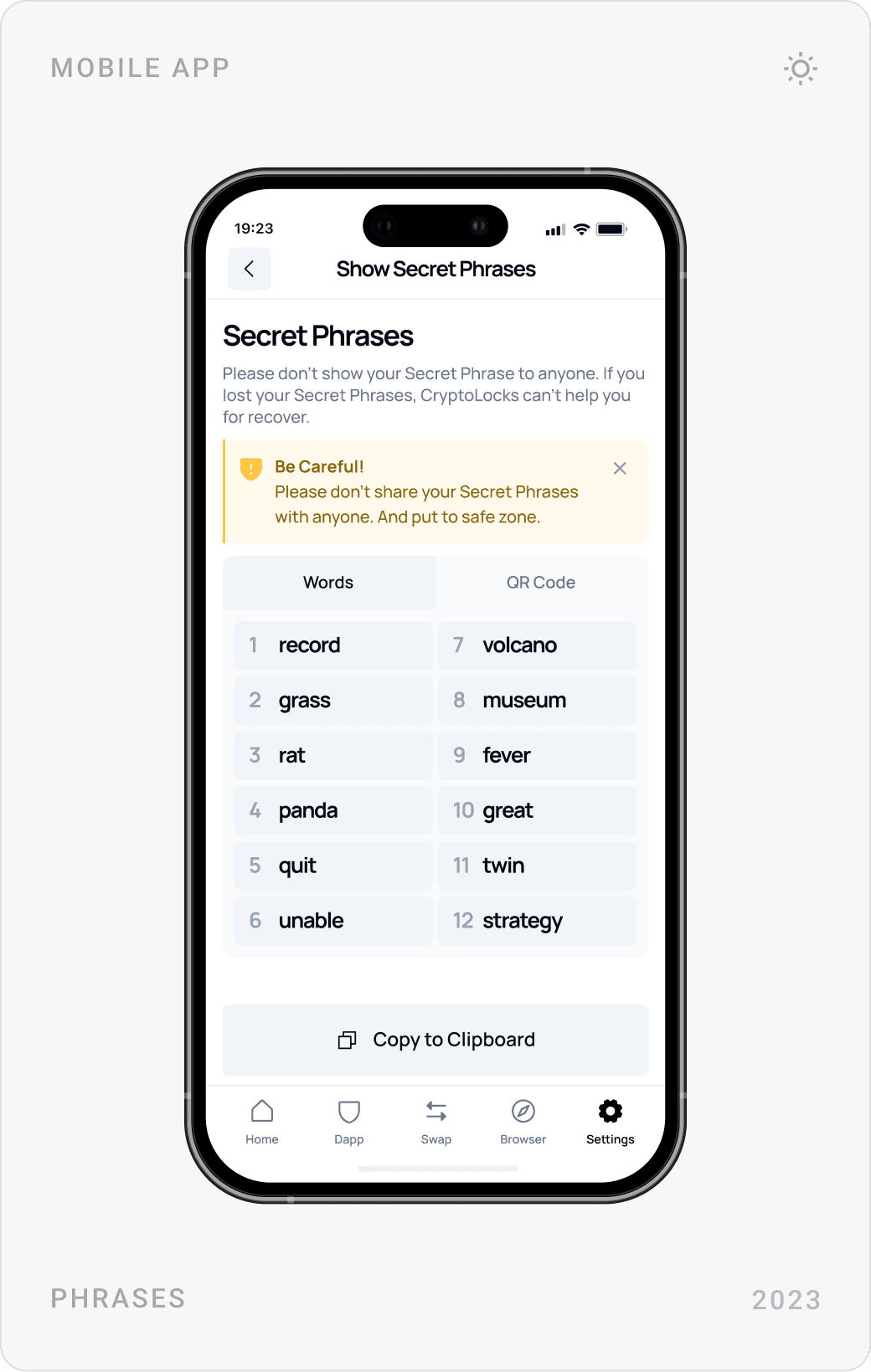 Professional Secret Phrase Management Mobile Design