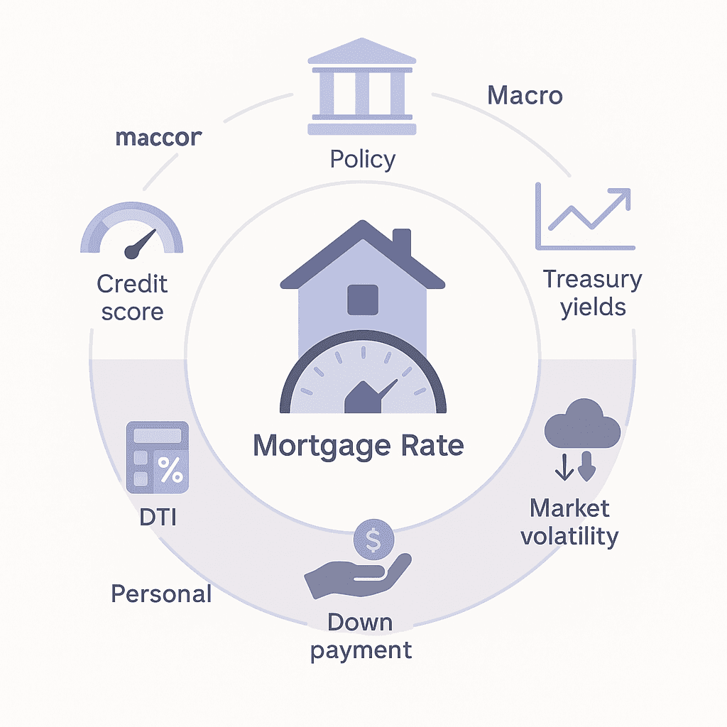 Layered diagram linking macroeconomic forces and borrower factors to the mortgage rate dial at center