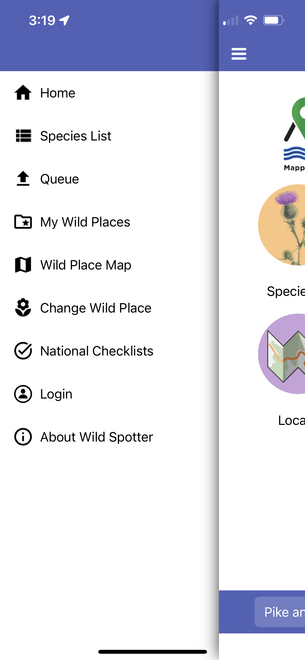 screenshot from wild spotter showing expanded mobile menu