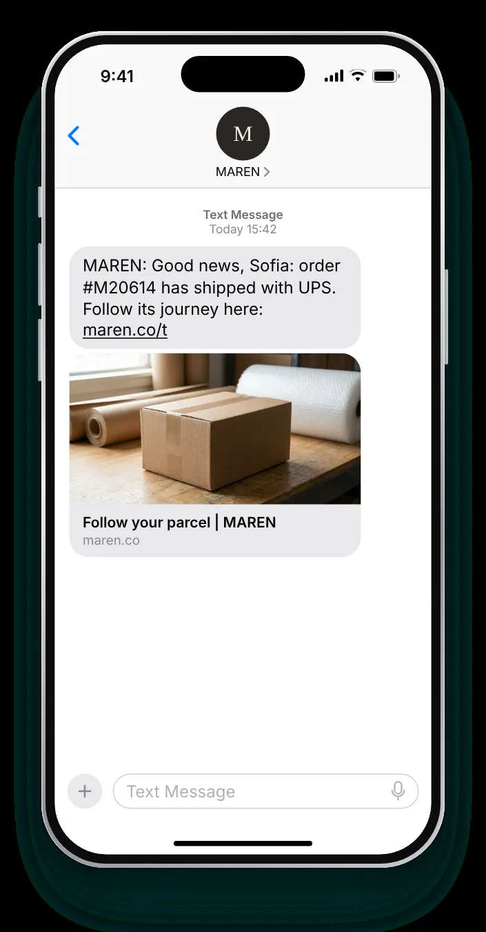 Left the warehouse, with a link to follow it shipping text on an iPhone