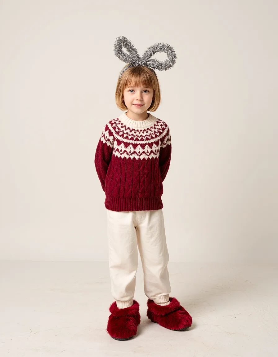 Child wearing red Fair Isle sweater with white pants and festive bunny ears against neutral background