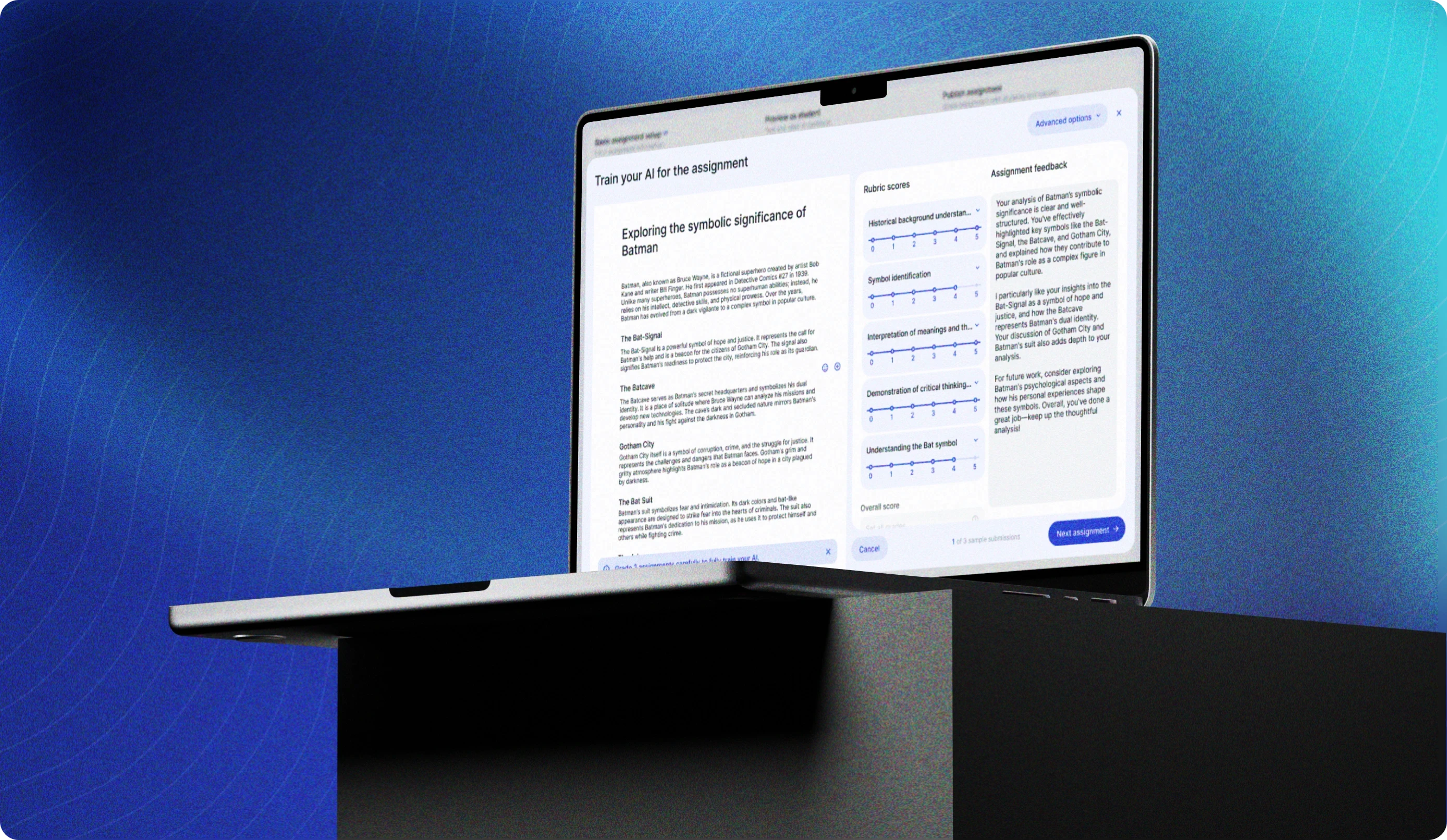 The visual depicts a laptop displaying an educational platform interface called EnlightenAI, set against a blue gradient background with subtle wave patterns.  Screen Content:  The interface shows a section titled "Train your AI for the assignment". An assignment titled "Exploring the symbolic significance of Batman" is visible, with detailed paragraphs discussing various symbols related to Batman, such as the Bat Signal, the Batcave, Gotham City, and the Bat Suit. On the right side, there is a rubric with scores for various criteria, including Historical background understanding, Symbol identification, Interpretation of meanings and themes, Demonstration of critical thinking, and Understanding the Bat symbol. Each criterion is rated on a scale from 1 to 5. Below the rubric scores, there's a section for Assignment feedback, providing a detailed analysis of the student's work, including praise for insights and suggestions for further exploration. UI Elements:  A button labeled "Next assignment" is located at the bottom right corner of the screen, next to a "Cancel" button. The design highlights the AI-assisted feedback and grading features of the platform, aimed at helping educators provide detailed, structured feedback on student assignments.