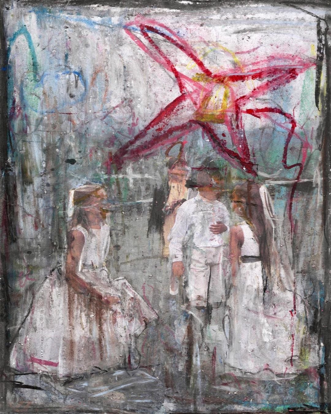 A mixed-media artwork featuring children in white ceremonial clothing, possibly for a religious or cultural ritual, surrounded by layered textures and expressive graffiti-like marks. A bold red star-like shape dominates the upper part, adding a cosmic or symbolic element. The scene feels dreamlike, suspended between innocence and abstract intensity.