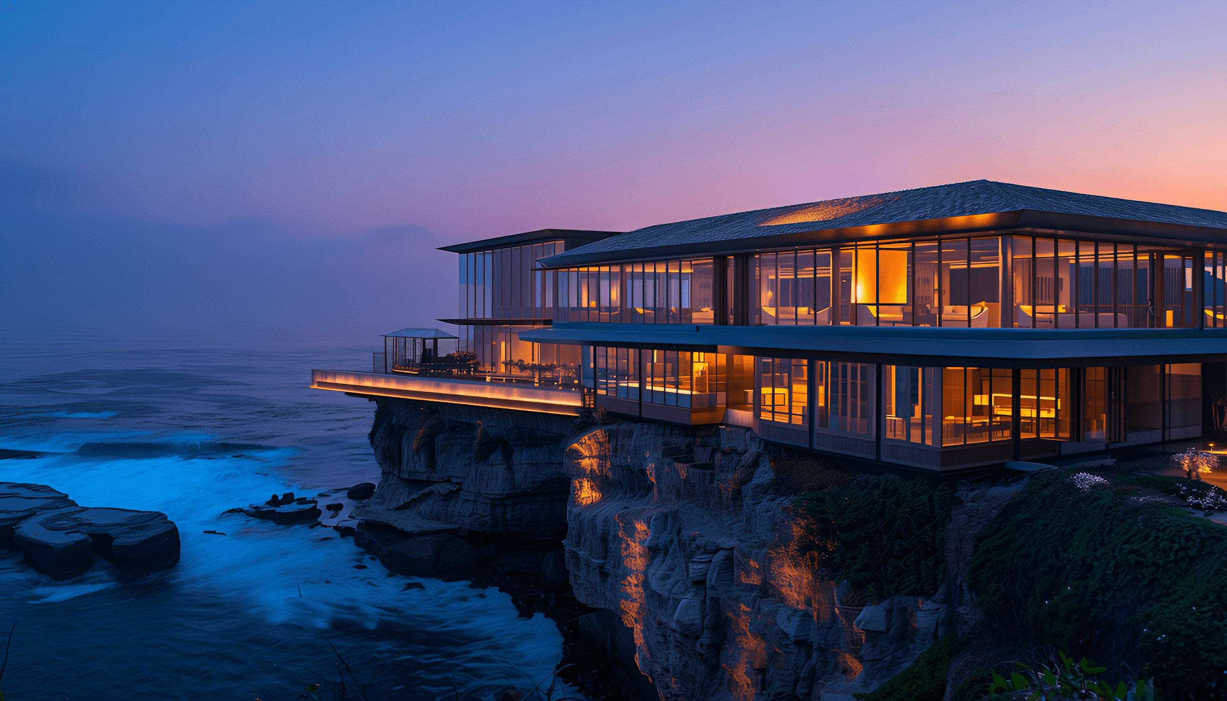 cliffside modern villa glowing at sunset