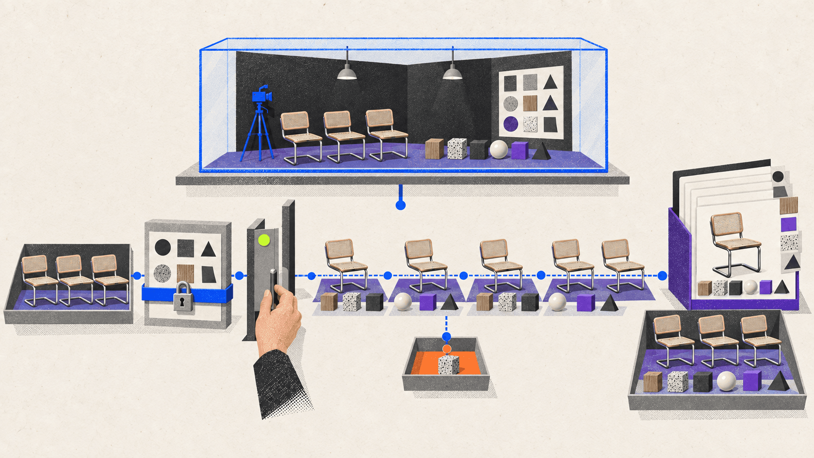 A protected Blender scene is inspected through a transparent audit layer while proposed changes are applied only to a small duplicate test collection.