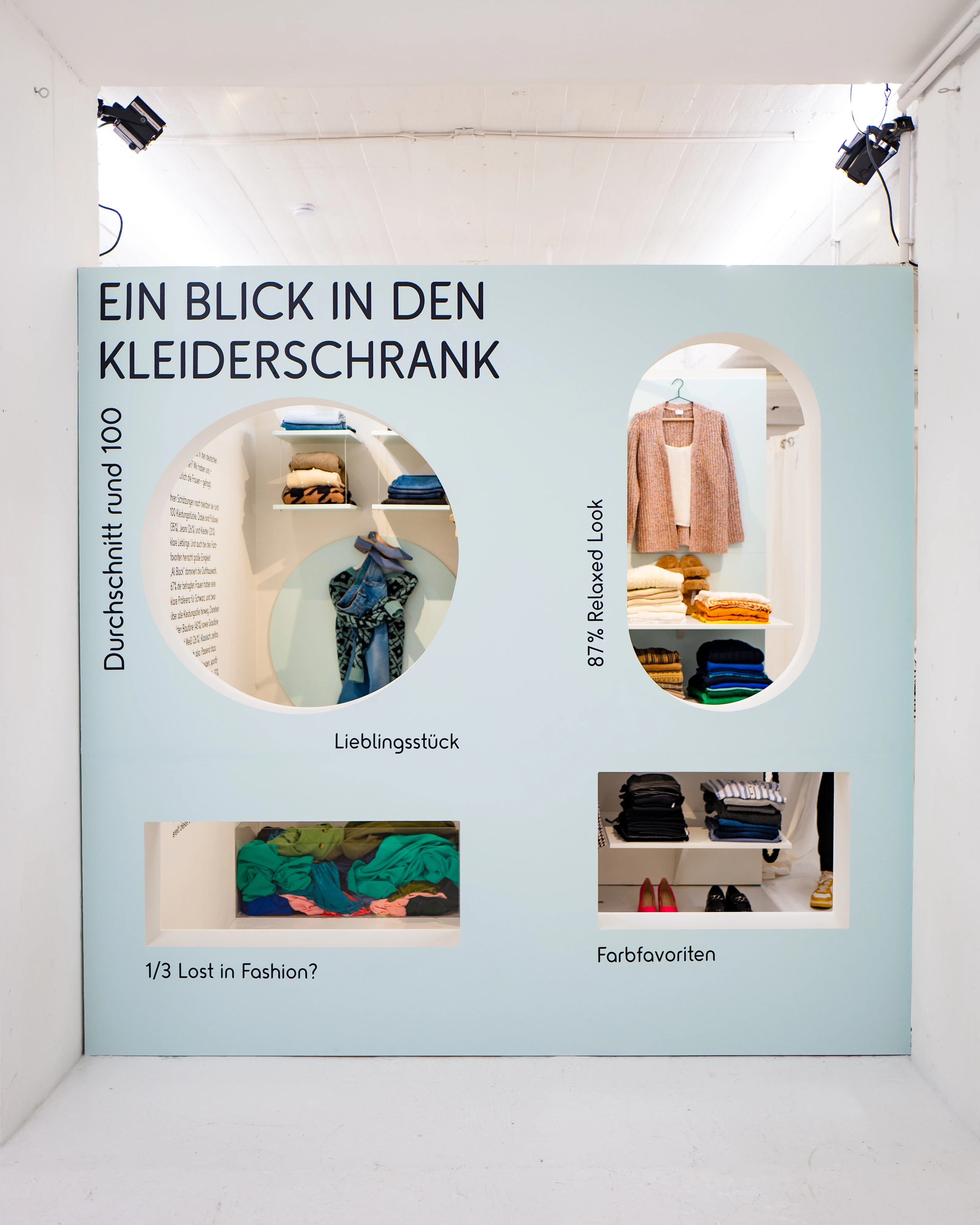 Light blue wall installation with cut-out windows showing wardrobe scenes and closet statistics.