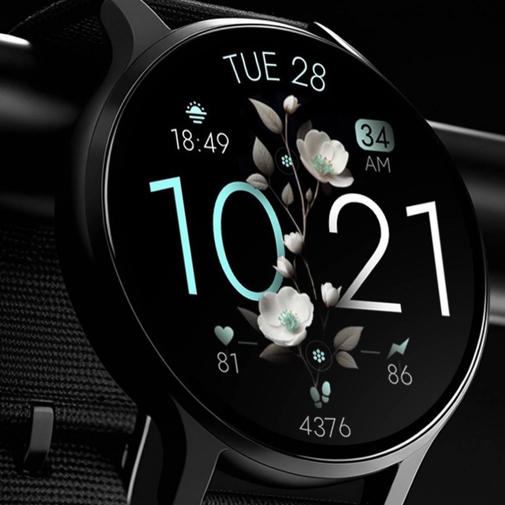 Modern Wear OS smartwatch displaying a digital watch face