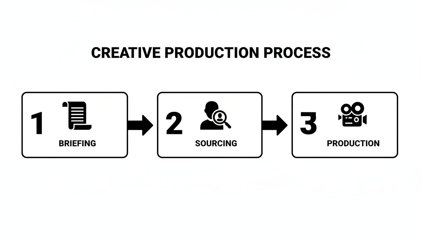 A flowchart outlining the creative production process with steps: Briefing, Sourcing, and Production.