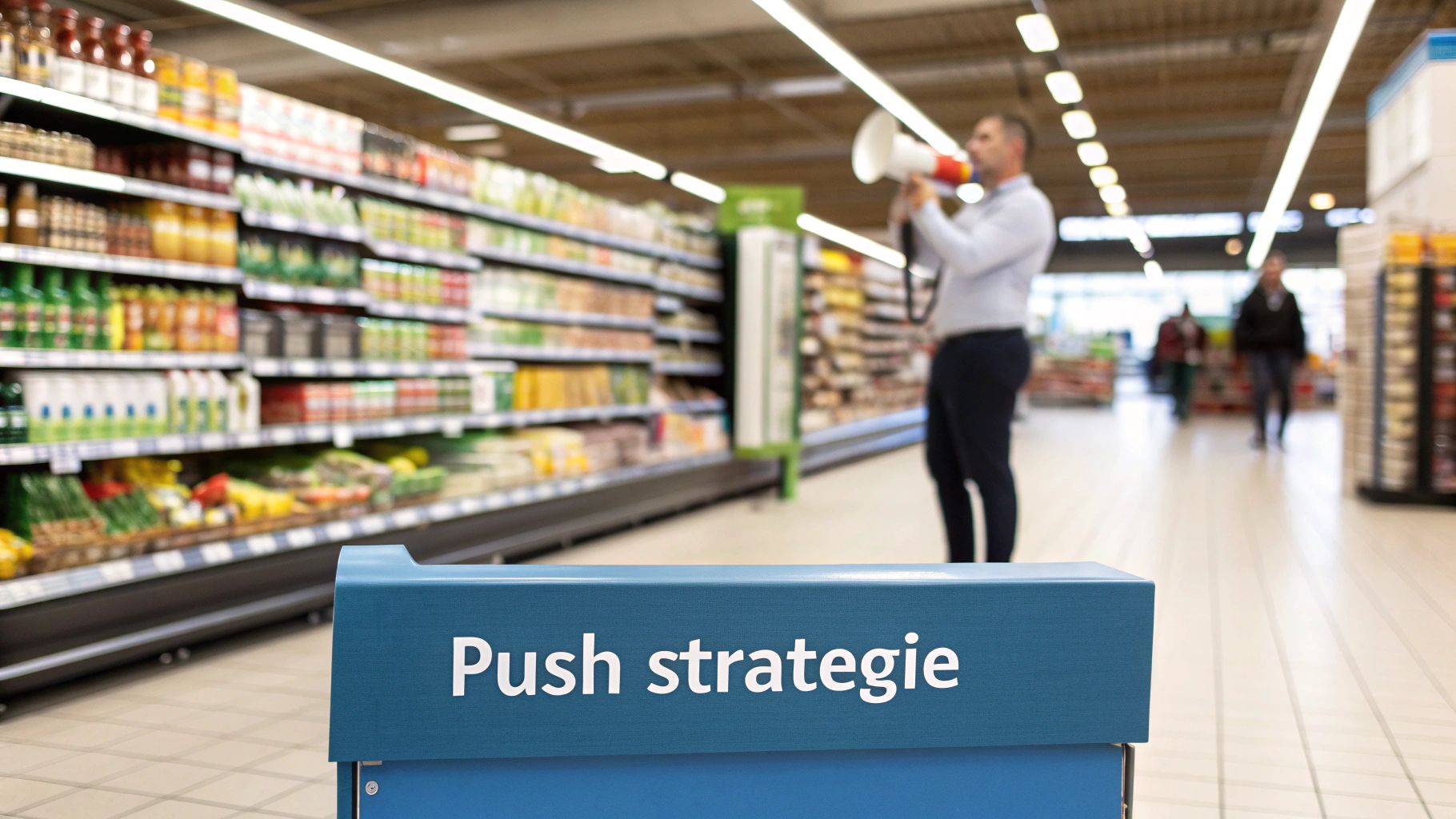Een man met een megafoon in een supermarkt, met een doos 'Push strategie' op de voorgrond.