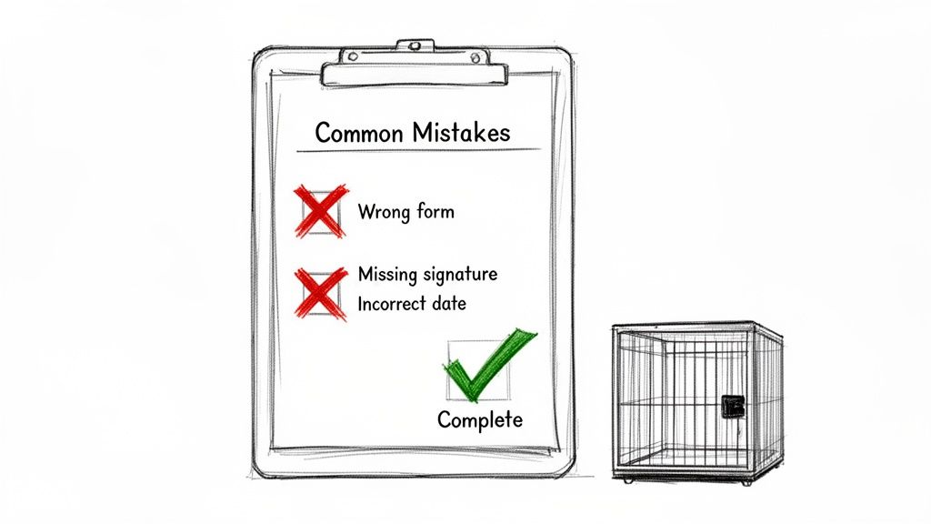 Hand-drawn checklist of common mistakes with red X's and a complete green checkmark, beside a pet cage.