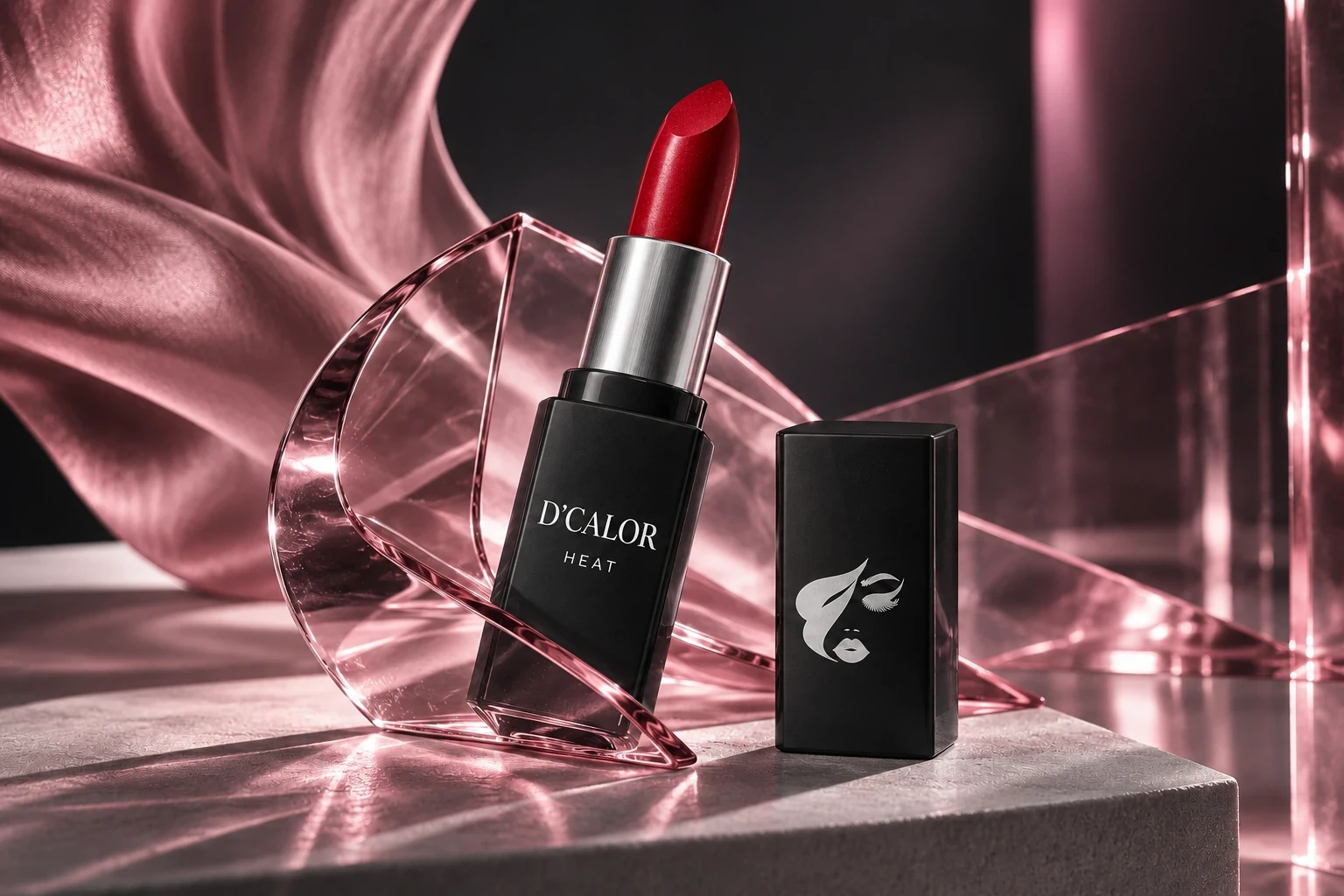 Cherry-red HEAT lipstick in black D’CALOR packaging beside rose-coloured glass and satin