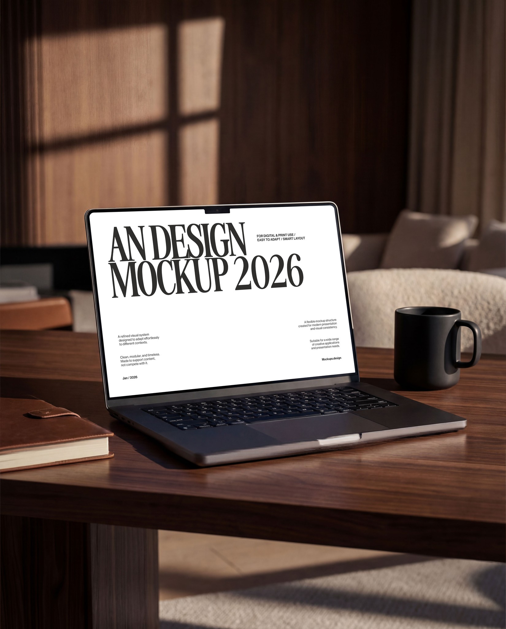 Laptop mockup on office desk, sleek professional setup