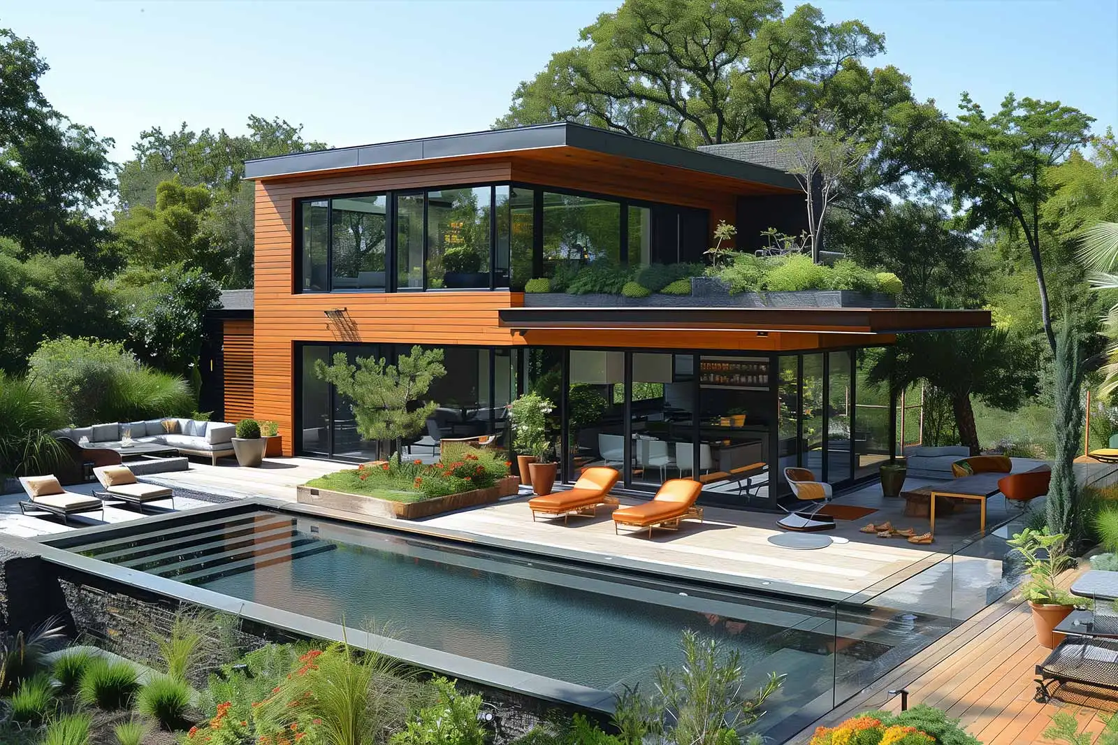 Modern two-story house with extensive glass windows, surrounded by lush greenery, features a spacious outdoor living area with a pool, sun loungers, and comfortable seating