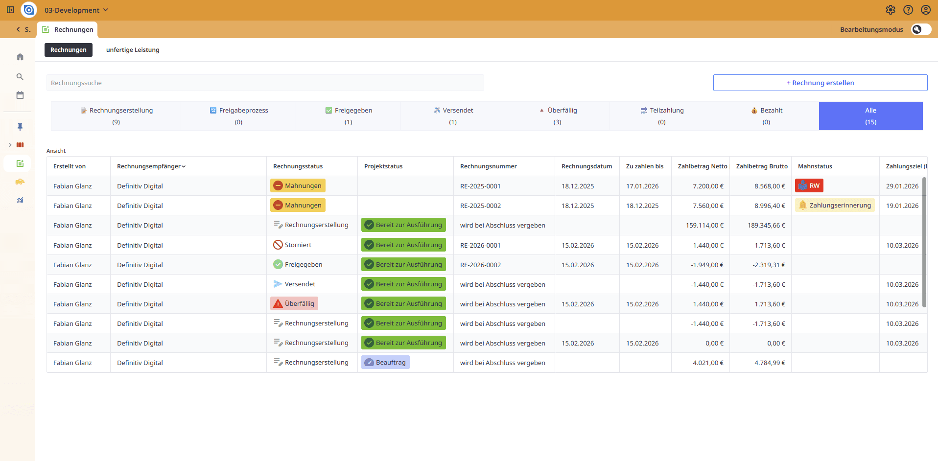 Screenshot der Rechnungen einer passgenauen Handwerkersoftware