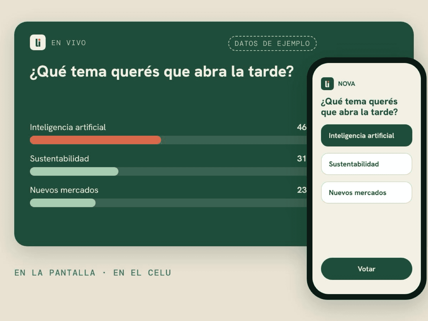 Votación en vivo: pregunta en pantalla y opciones en el celular