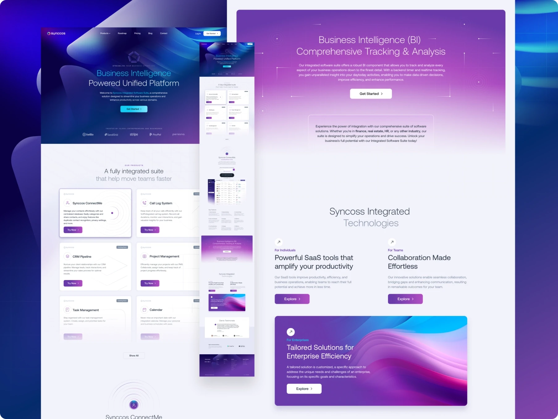 Website mockup for a business intelligence platform, showing purple-blue gradient screens, analytics dashboards, mobile views, and feature cards.
