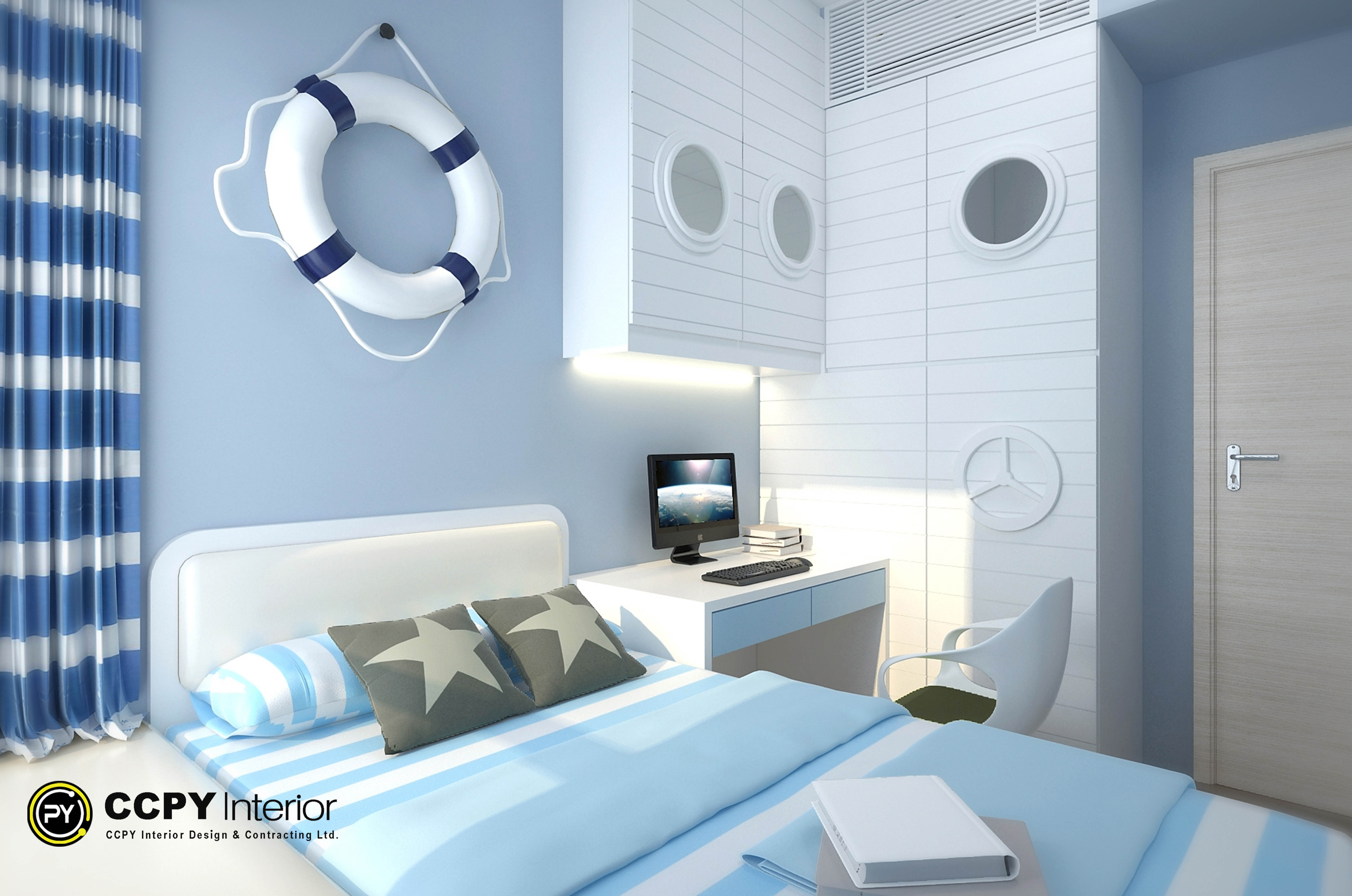 Nautically inspired bedroom at Castello Block3 features white shiplap walls and porthole cabinetry for structural depth.