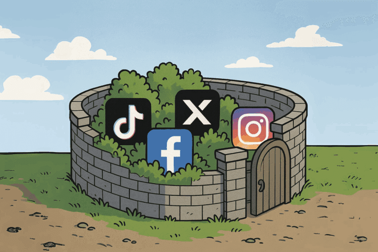 Cartoon of a stone walled garden with a closed gate. Inside the garden are large icons of TikTok, X (Twitter), Facebook, and Instagram, symbolizing social media platforms locked inside a walled ecosystem.