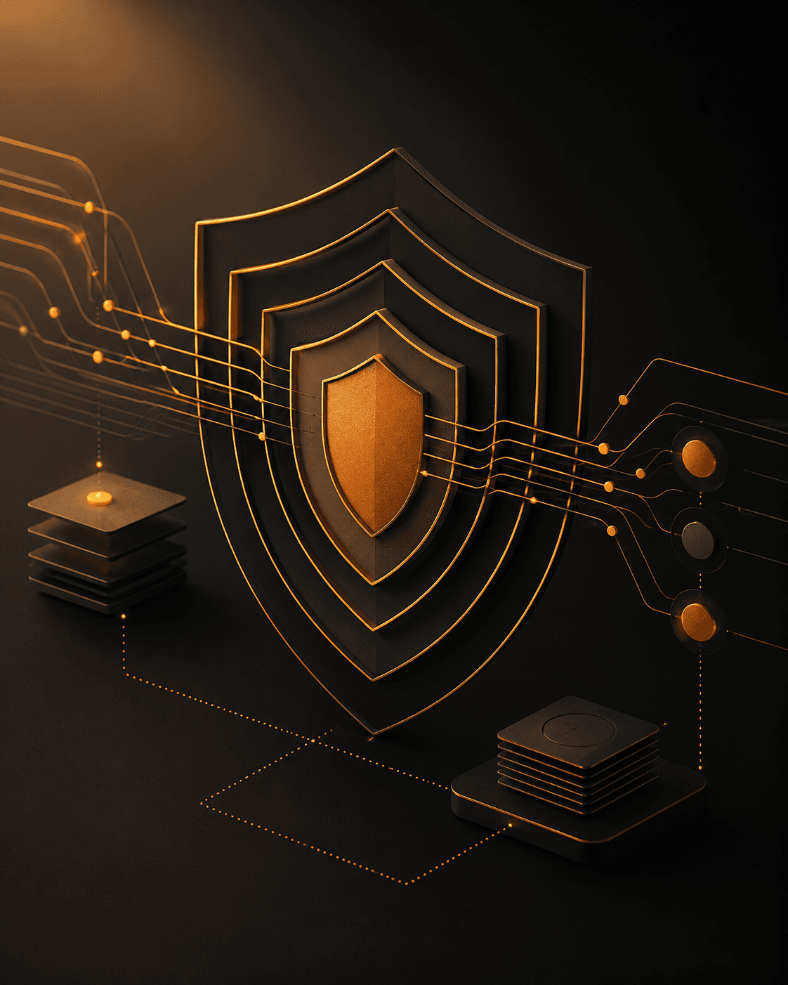 Abstract compliance visualisation with concentric shield outlines and orange data-flow lines on dark background