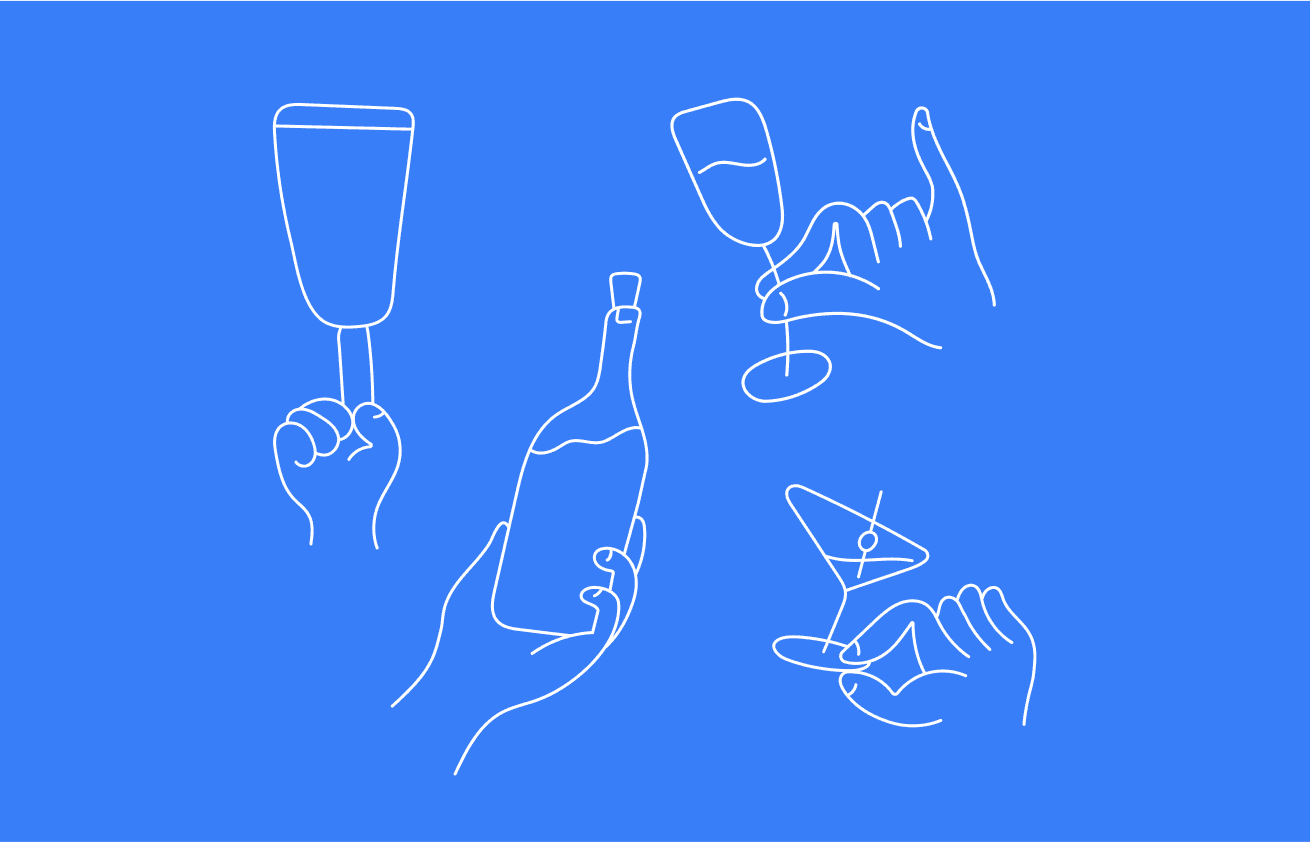 Several custom illustrations made for Båbler of hands holding different sorts of glasses and bottles.