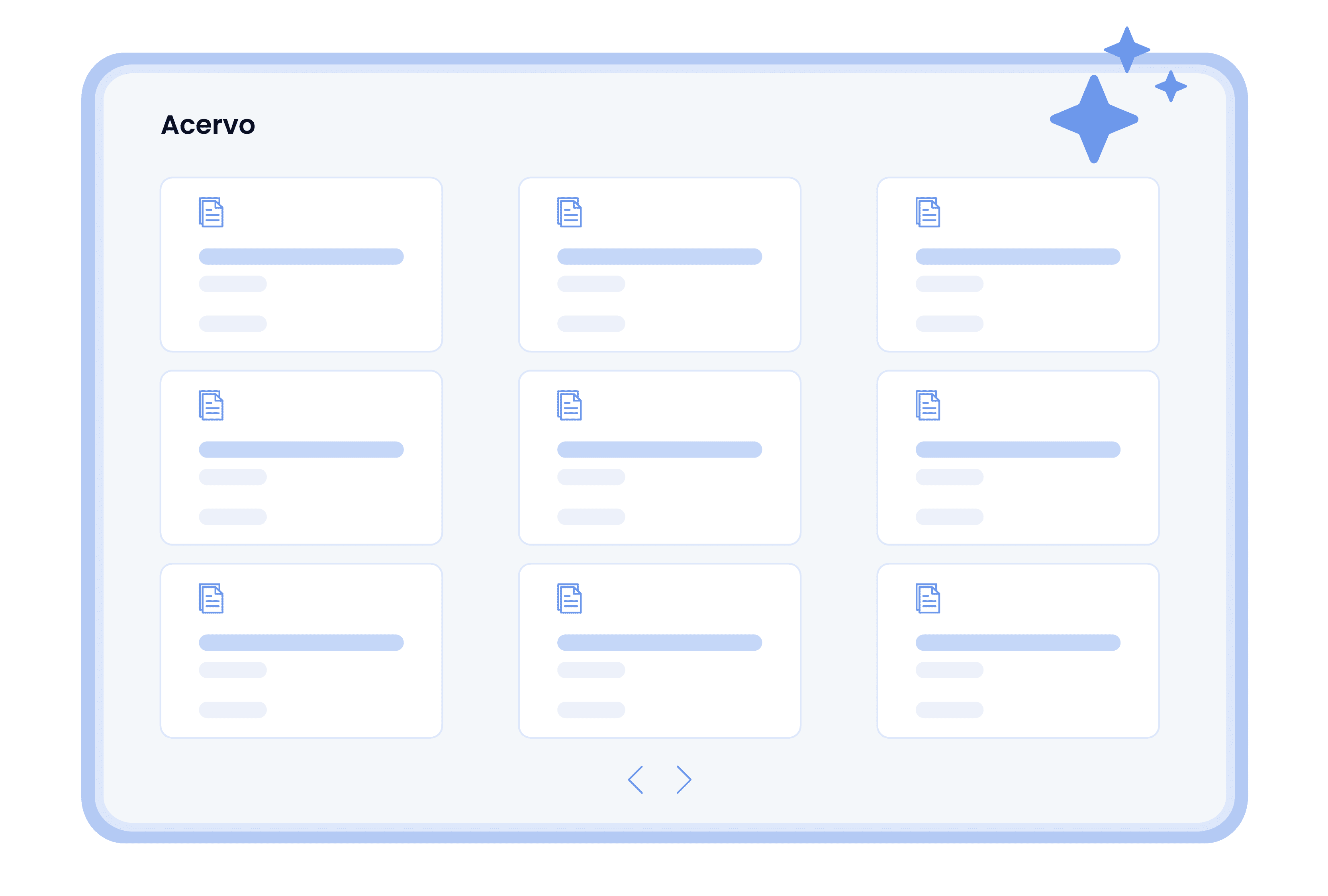 Interface do Acervo da Inspira em uma moldura azul arredondada.