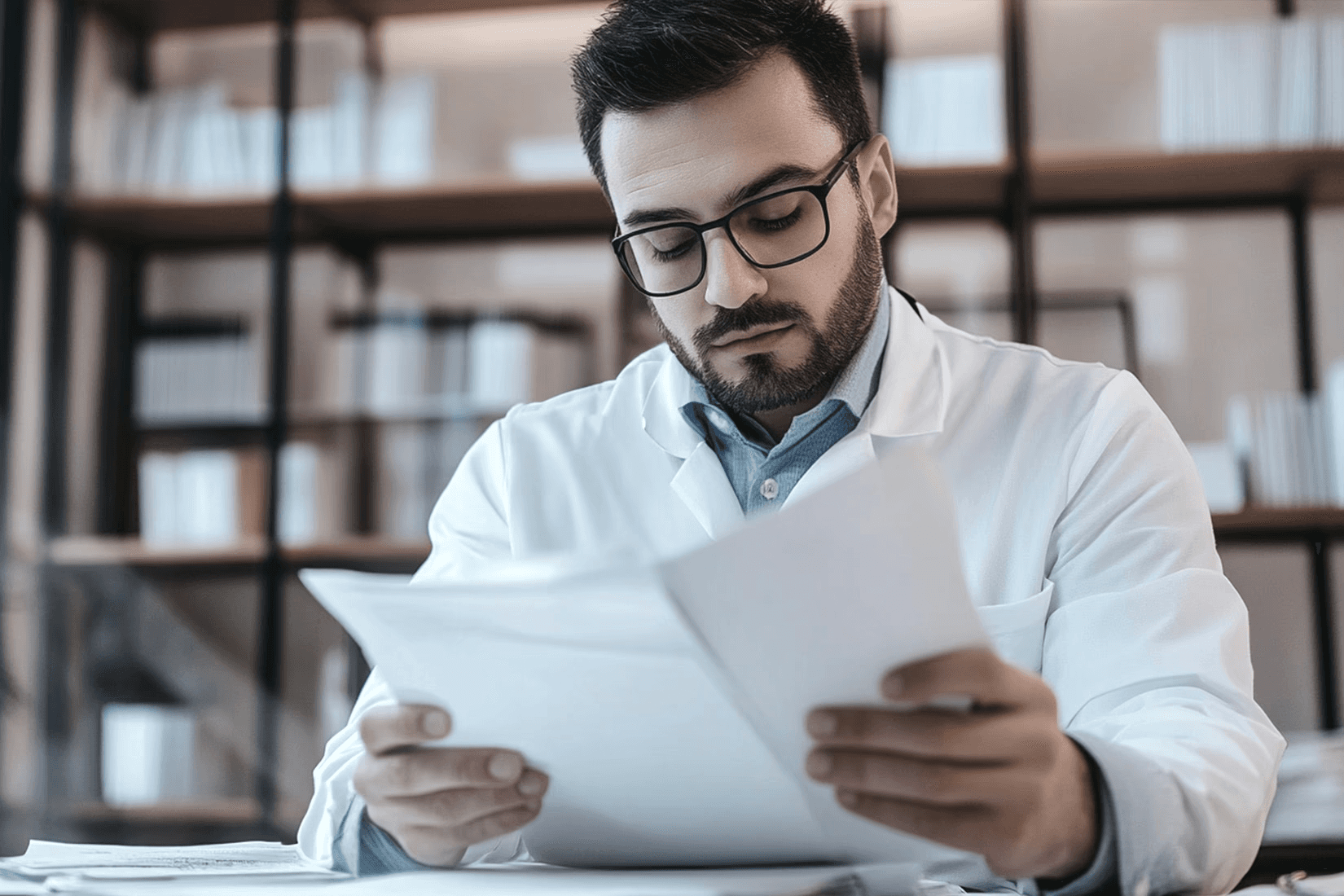 A male doctor sitting at a table and reading a paper. 