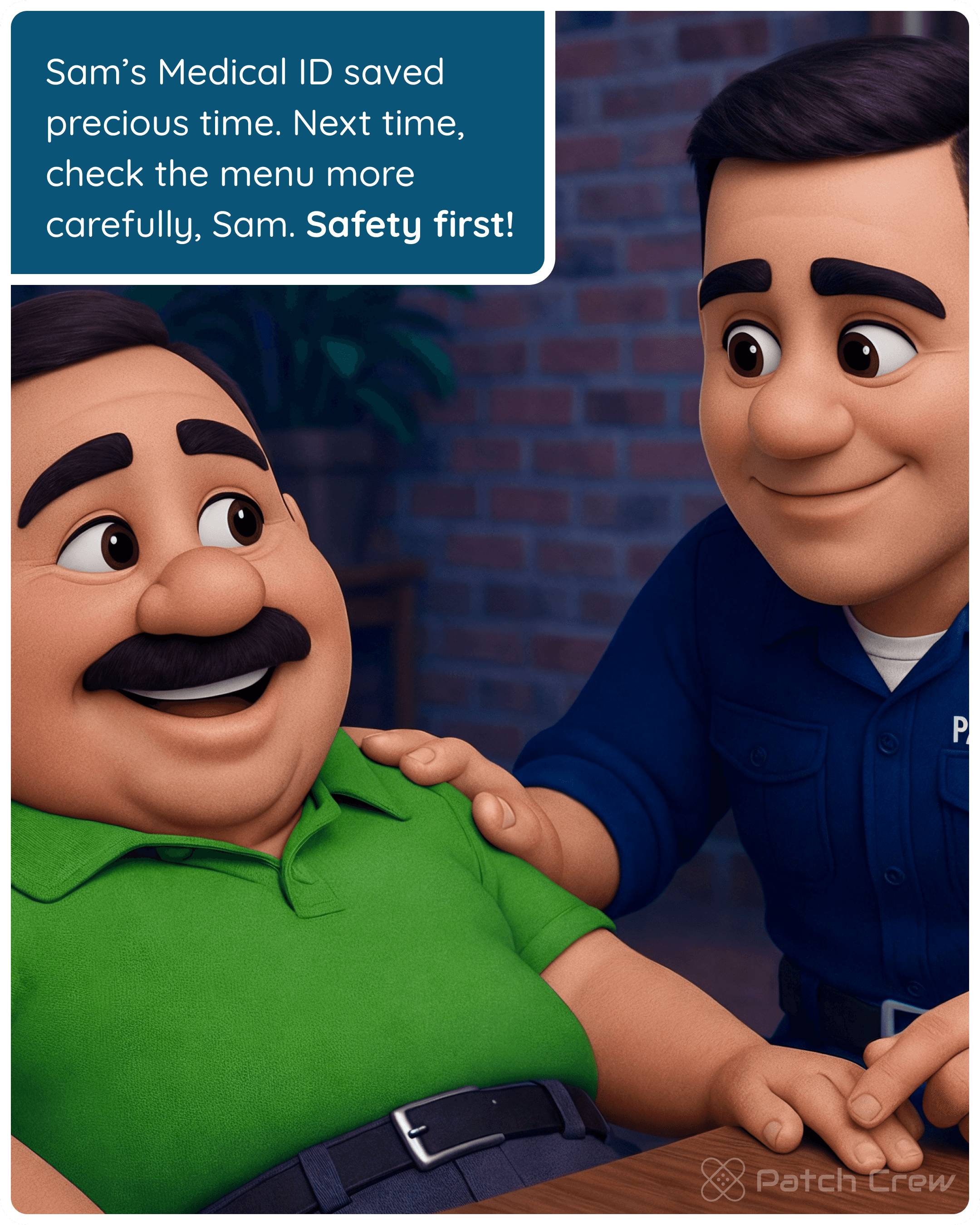 Image 12 of 13 from “Someone call 911”: Sam’s Medical ID saves precious time; the closing reminder is to check the menu carefully and put safety first.